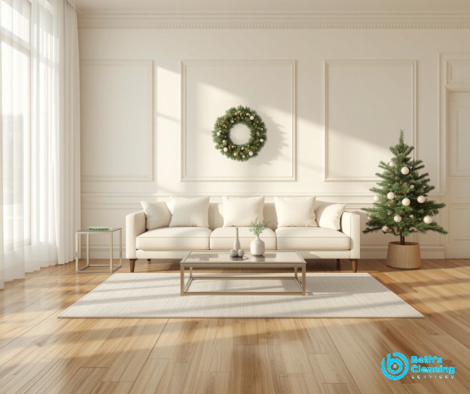 Spotless bright living room ready for the holidays