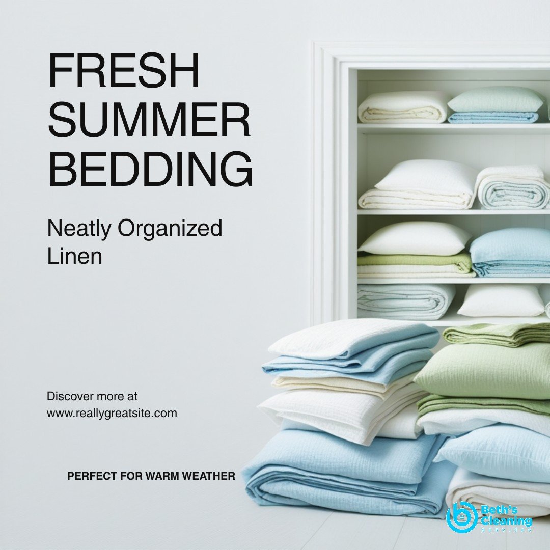 Freshly washed summer bedding folded in a bright closet