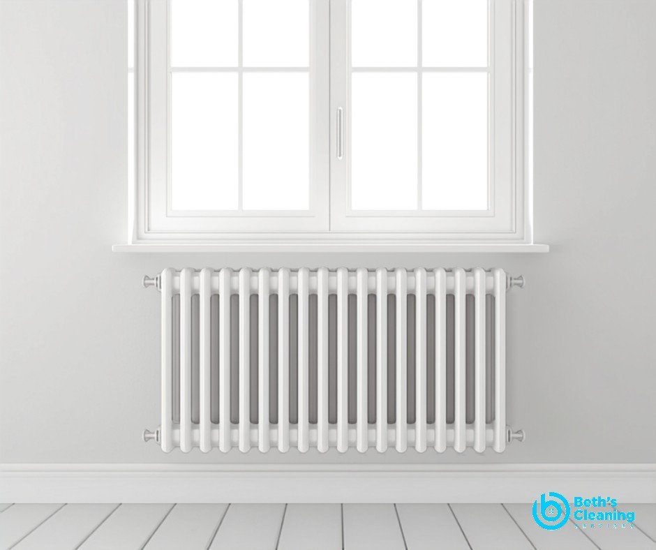 Clean white radiator beneath a bright window