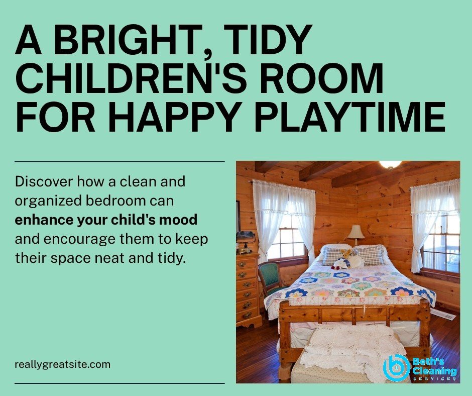 Tidy bright childrens bedroom with neat shelves