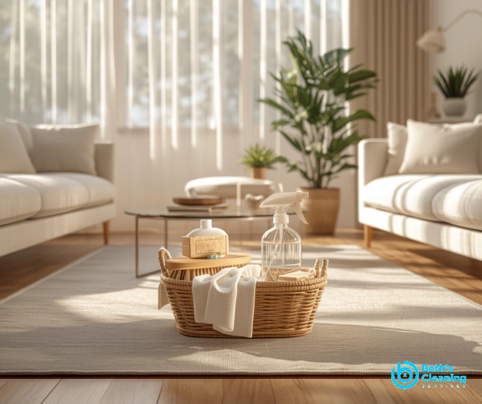 Tidy bright family home with a basket of cleaning supplies