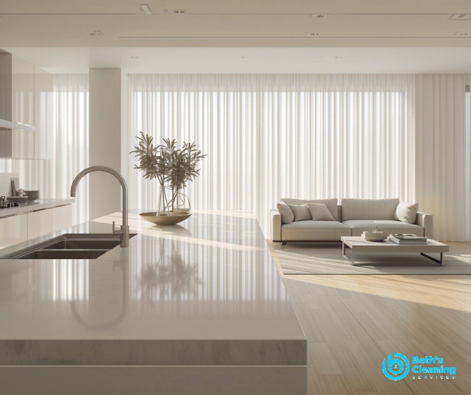 Clean bright kitchen and living area, tidy and fresh