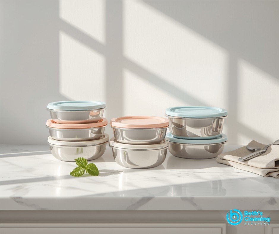 Clean reusable lunch containers on a bright counter