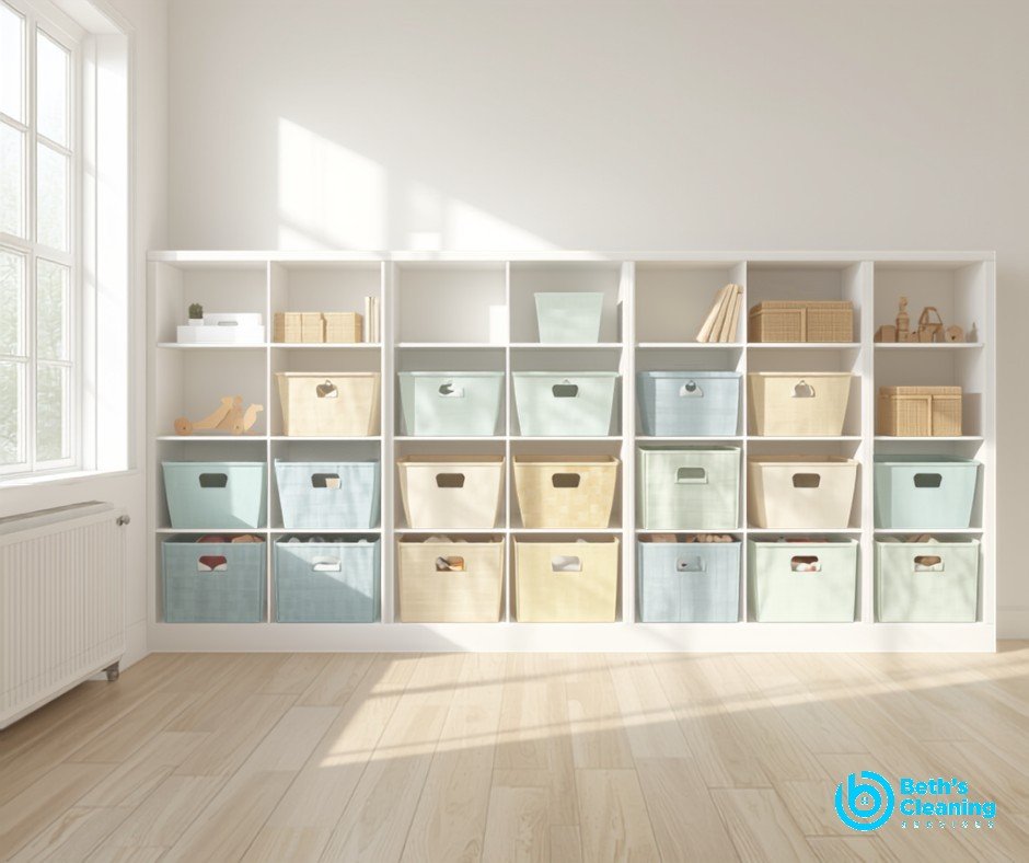 Neatly organized childrens toy bins on tidy shelves
