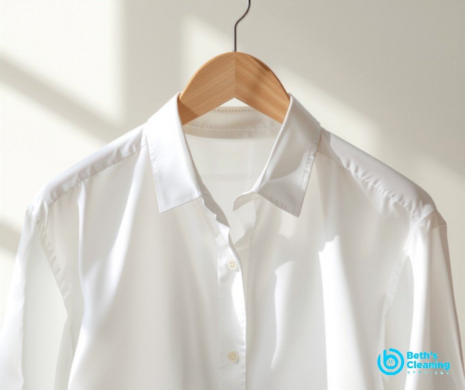 Smooth wrinkle-free white shirt on a wooden hanger