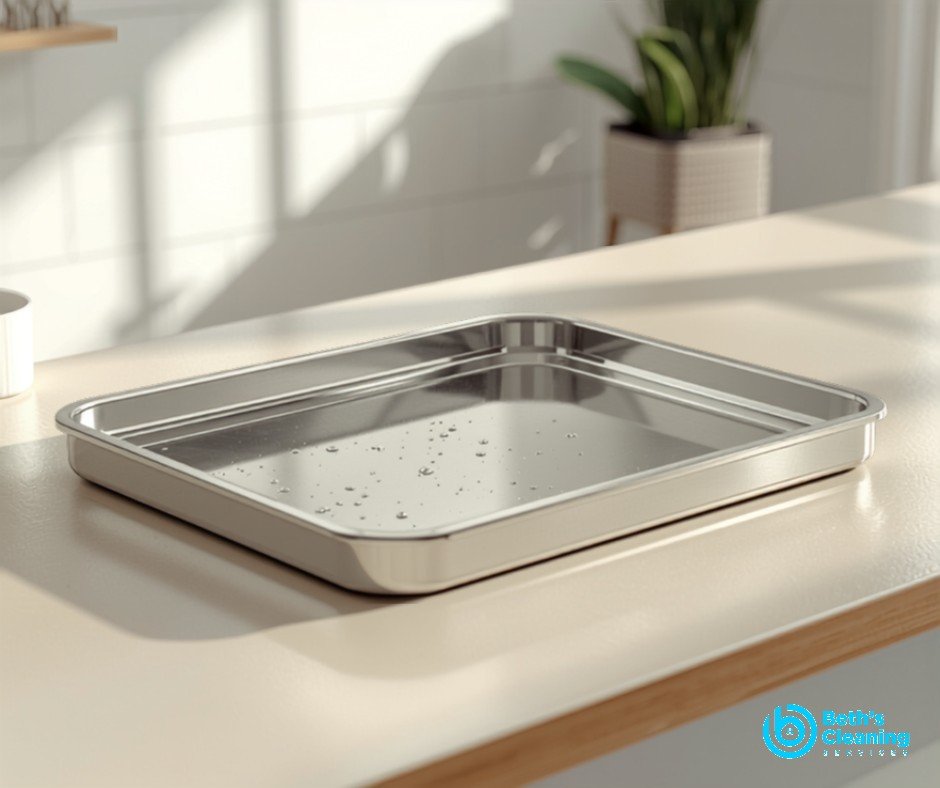 Clean shiny toaster oven tray on a kitchen counter