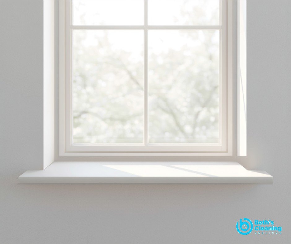 Clean white window sill and frame with natural light