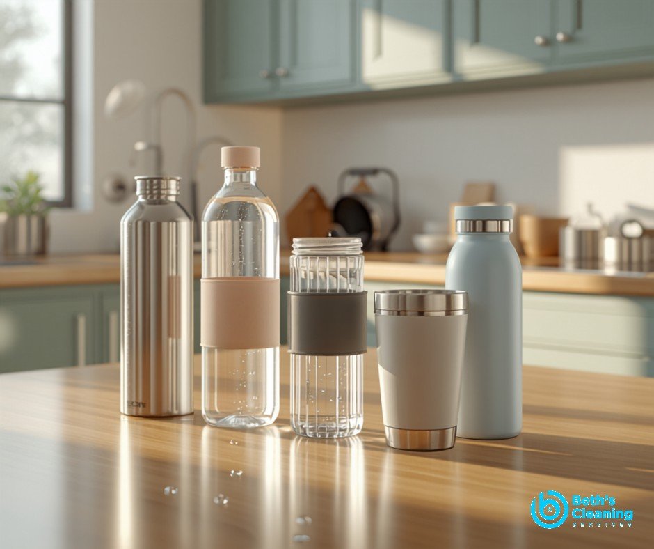 Clean reusable water bottles and travel mugs on a counter