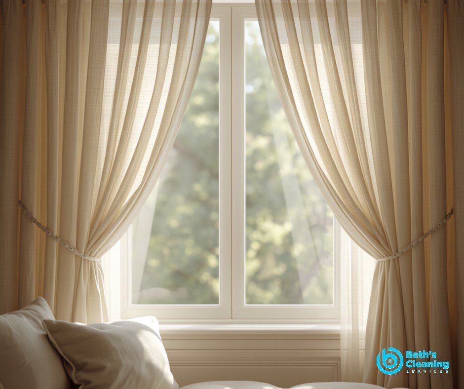 Clean curtains and drapes framing a window in a cozy room