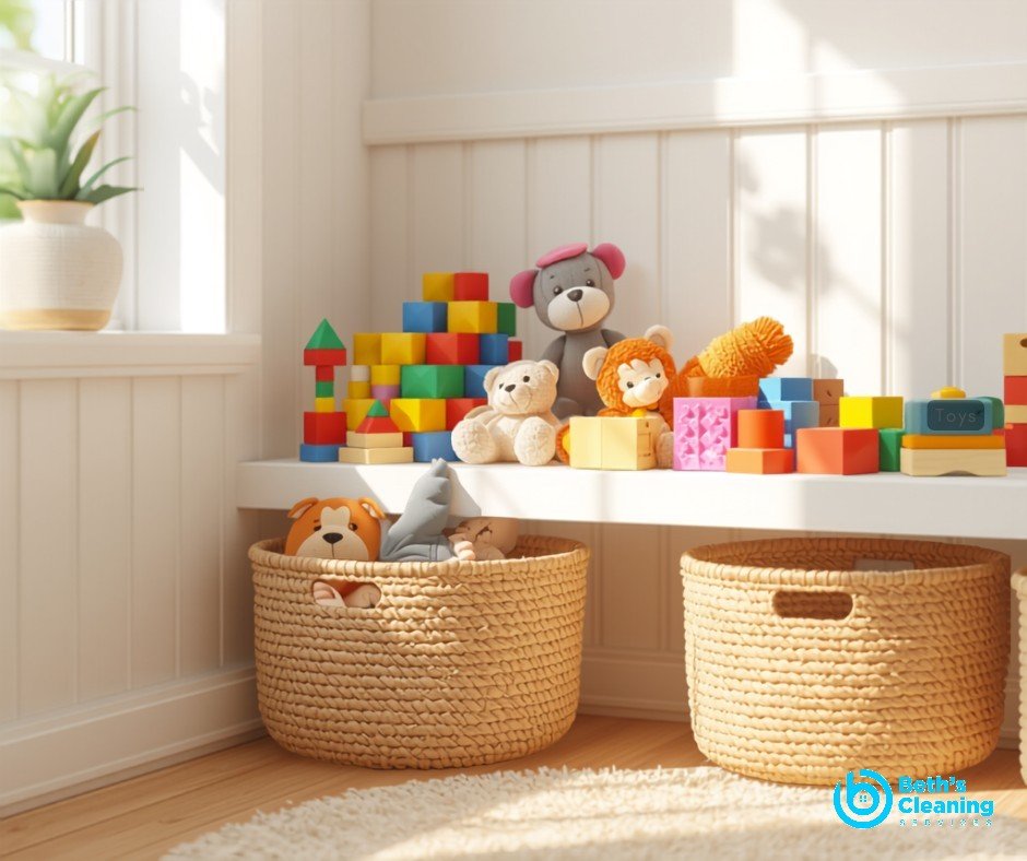 Clean childrens toys neatly arranged in bins
