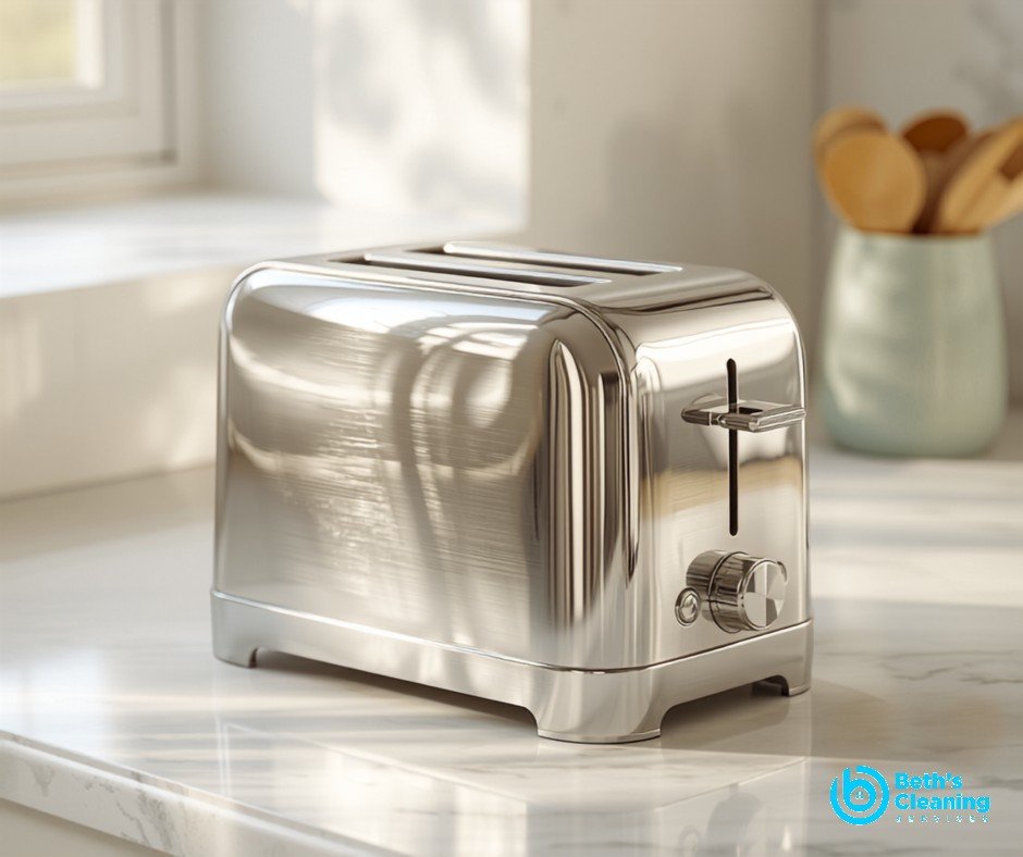 Clean shiny toaster on a tidy kitchen counter