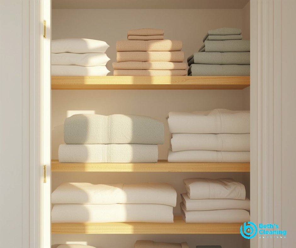 Neatly organized linen closet with folded towels and sheets