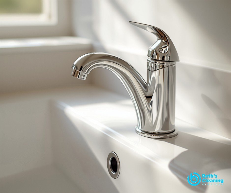 Clean shiny chrome faucet and sink free of water stains