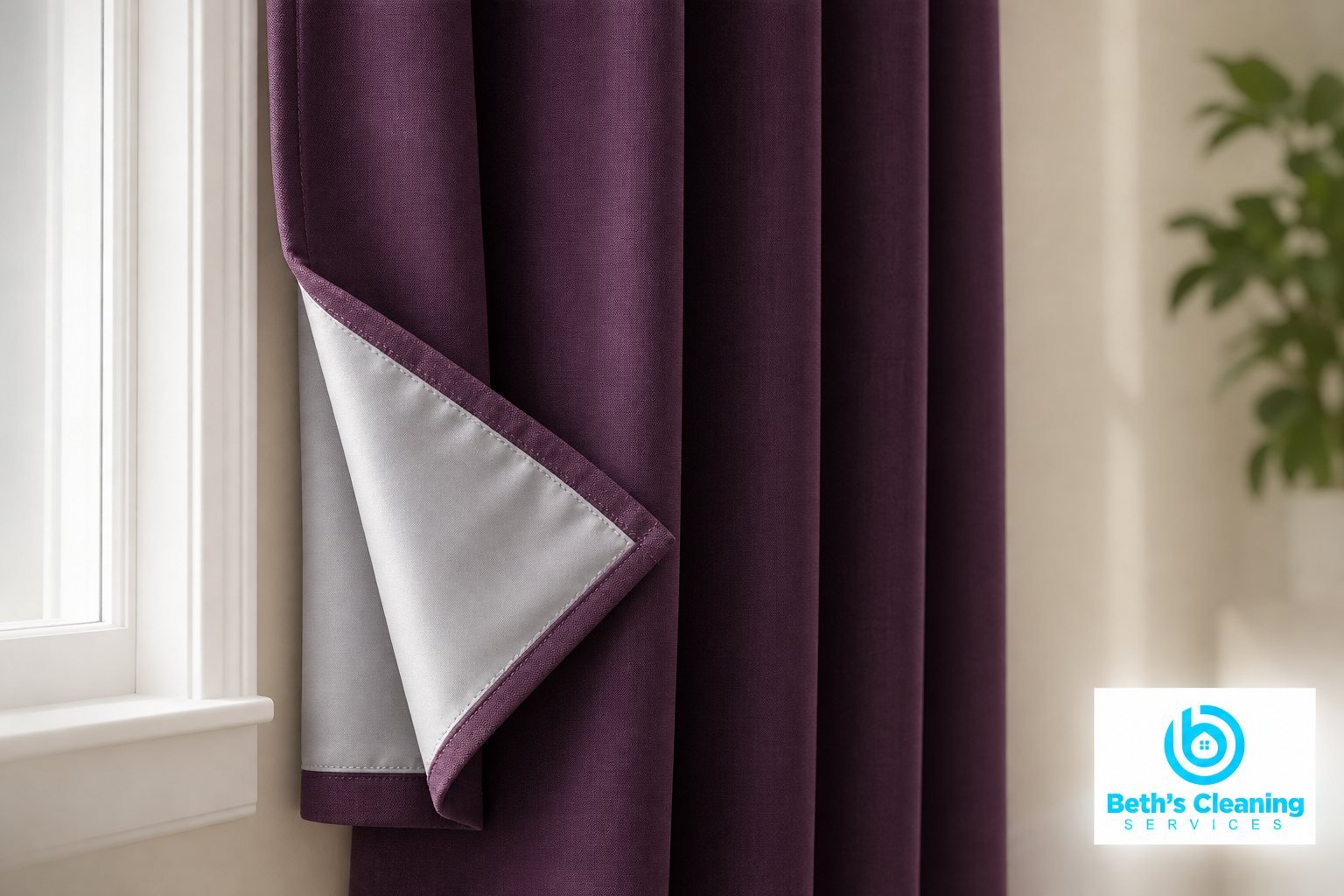 Plum blackout curtain with a turned corner revealing pale gray backing beside a window