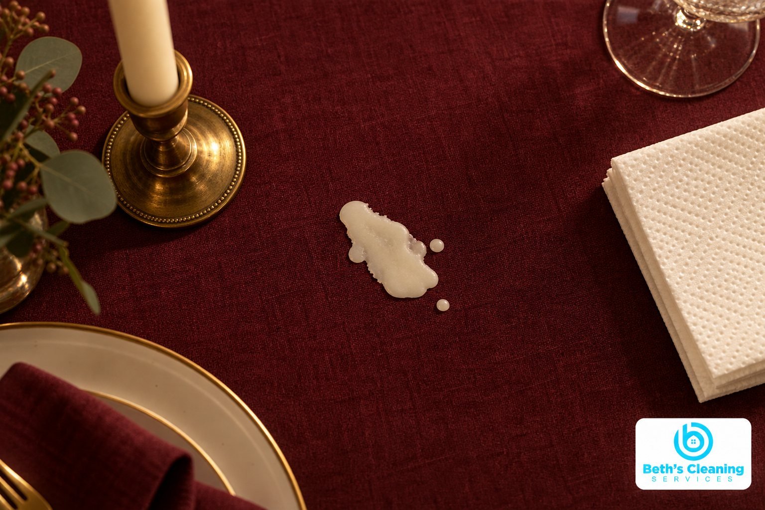 Ivory candle wax spilled on a burgundy tablecloth beside a brass candleholder and paper towels