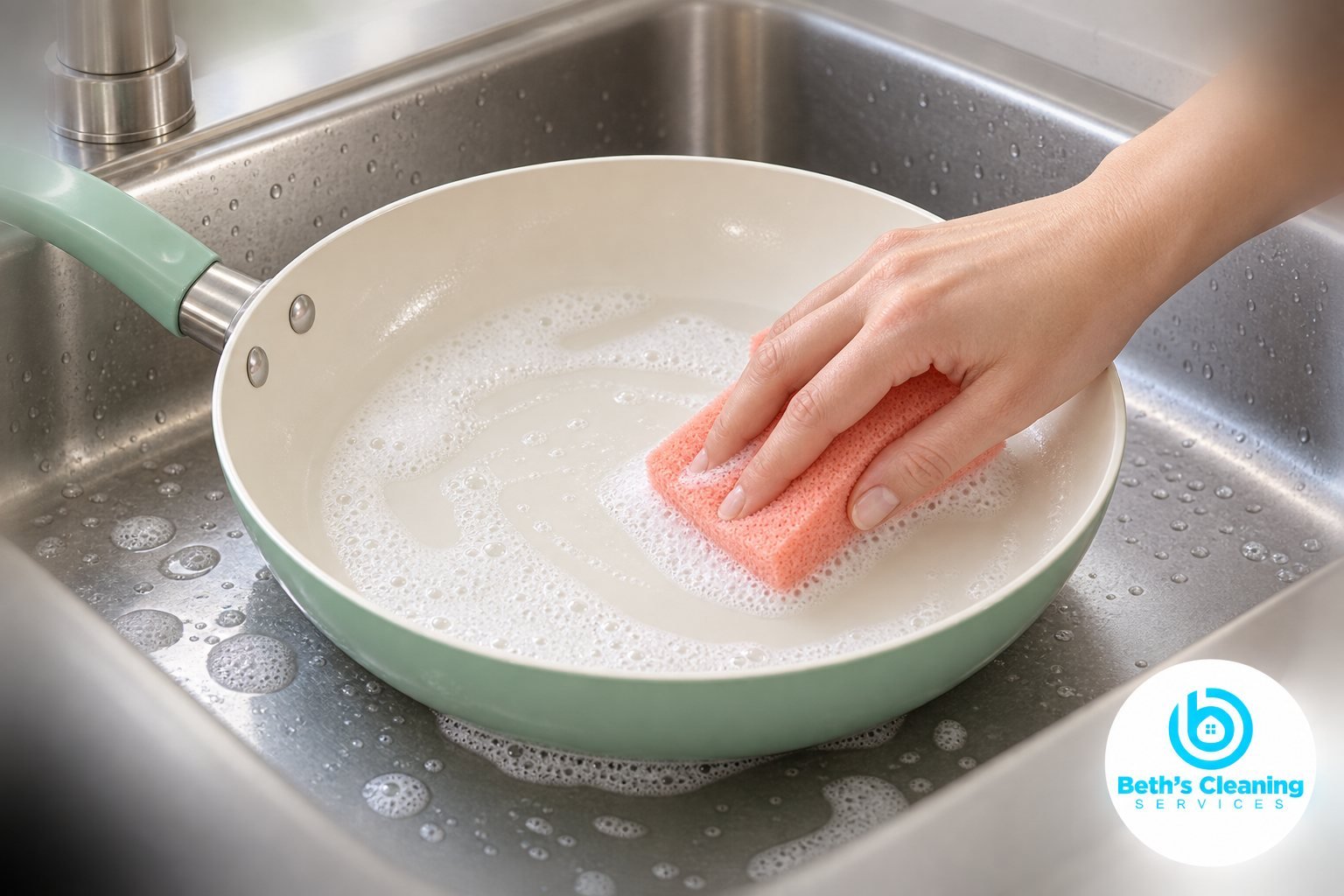 Hand washing an ivory ceramic-coated pan with a soft coral sponge in a stainless steel sink