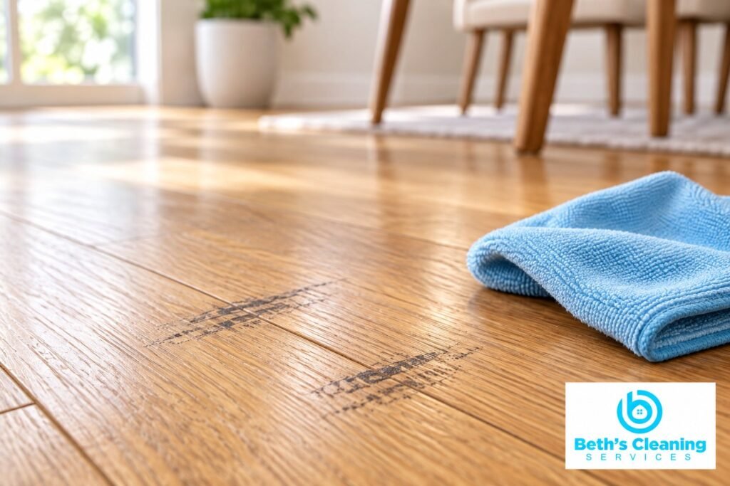 Black shoe scuff marks on a hardwood floor beside a blue microfiber cloth