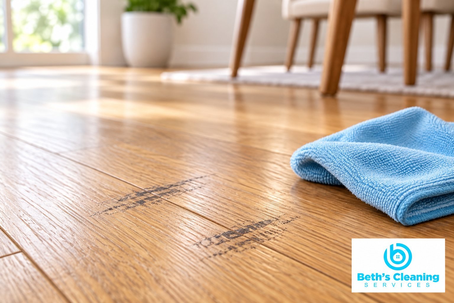Black shoe scuff marks on a hardwood floor beside a blue microfiber cloth