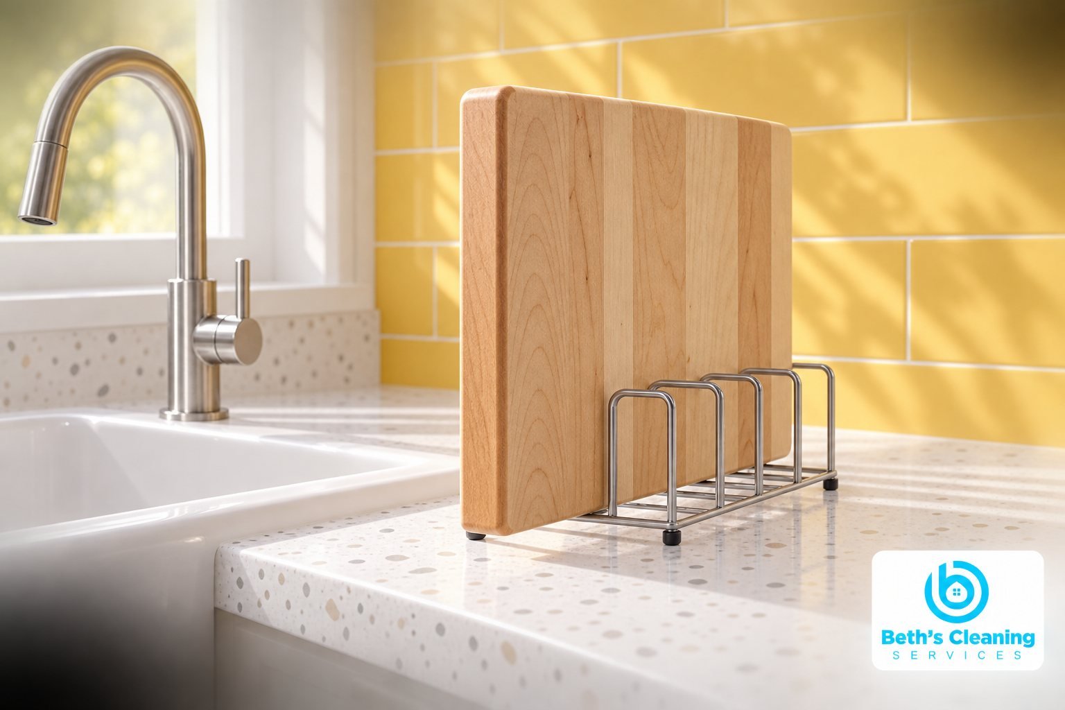 Wooden cutting board drying upright in a metal rack beside a white sink and yellow tile backsplash
