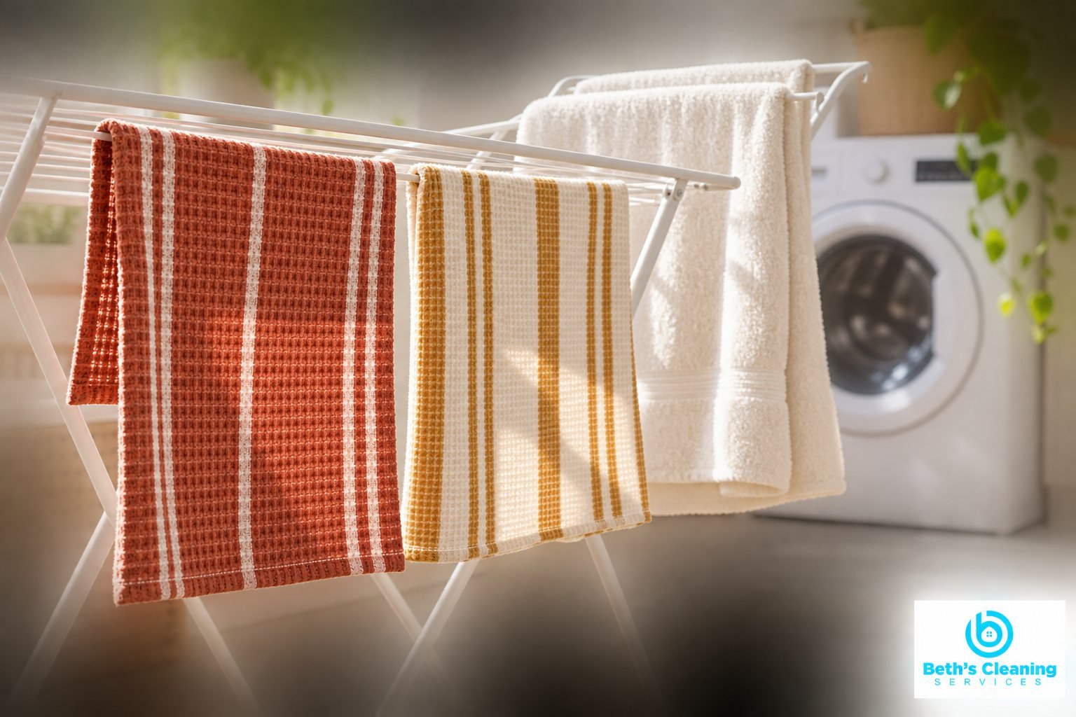 Terracotta and mustard dishcloths and ivory towels spread on a drying rack in a laundry room