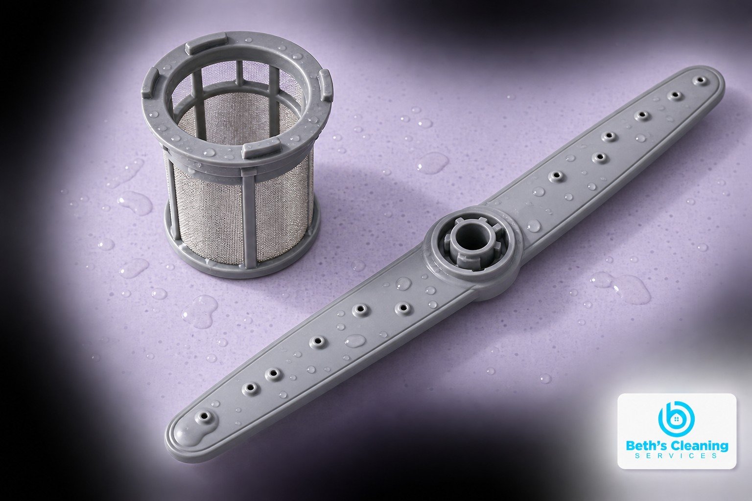 Clean cylindrical dishwasher filter and gray spray arm on a lilac surface