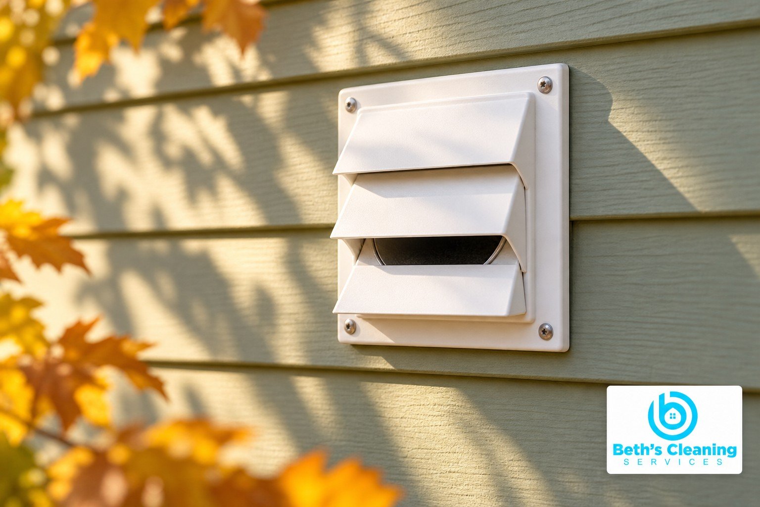 White exterior dryer vent hood on sage siding in autumn sunlight