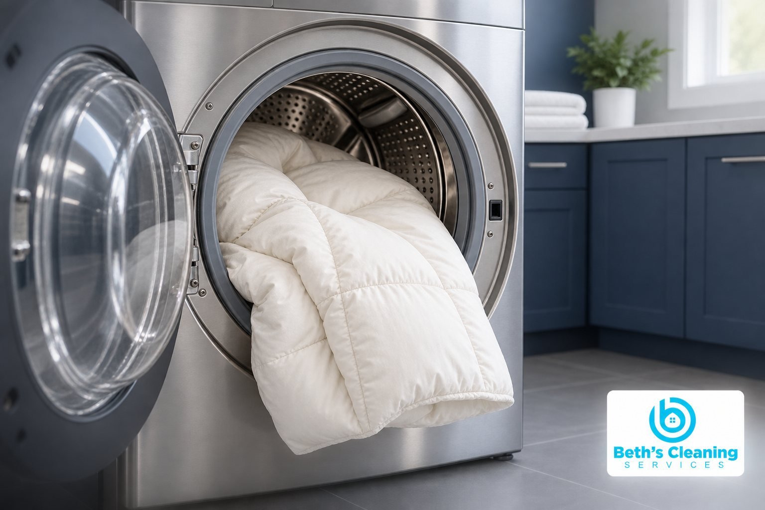 Ivory comforter partially loaded into an open front-loading washer in a navy laundry room