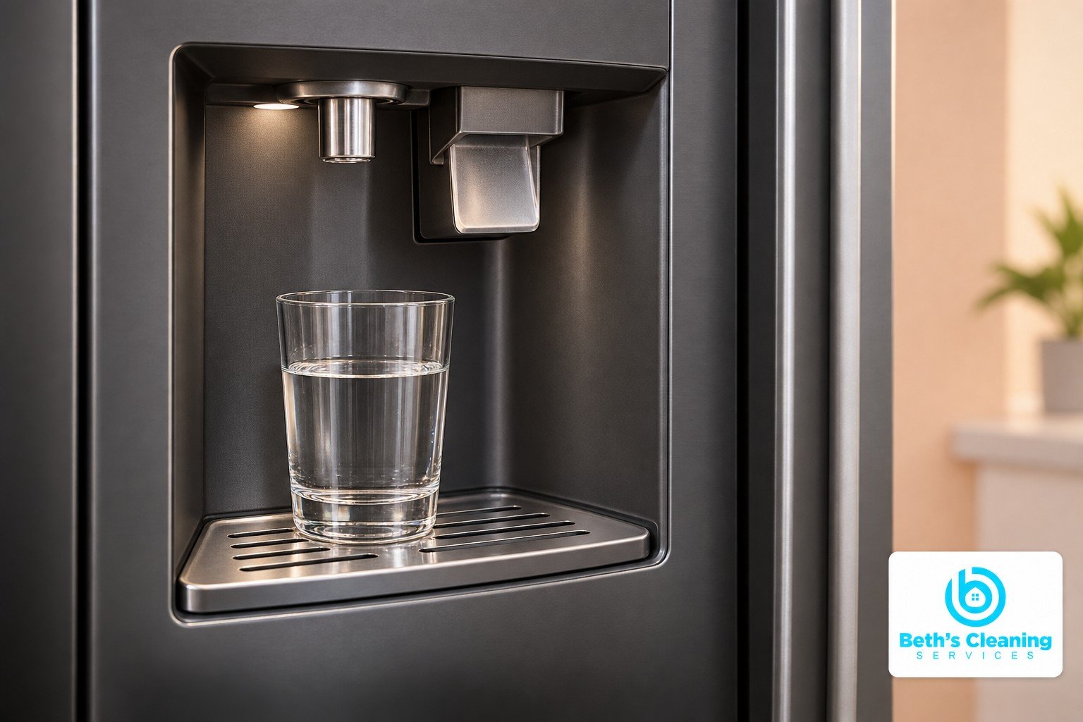 Glass of water on the clean drip tray of a charcoal refrigerator dispenser
