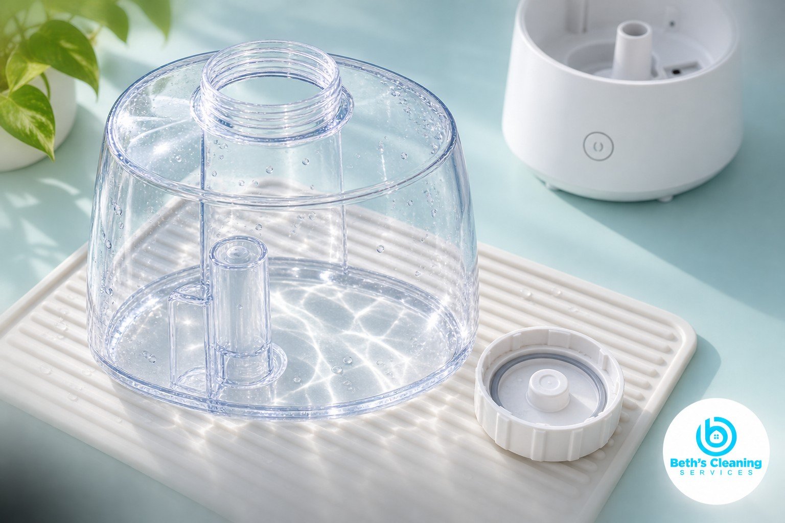 Clear humidifier tank and detached cap drying on a white mat over an aqua surface