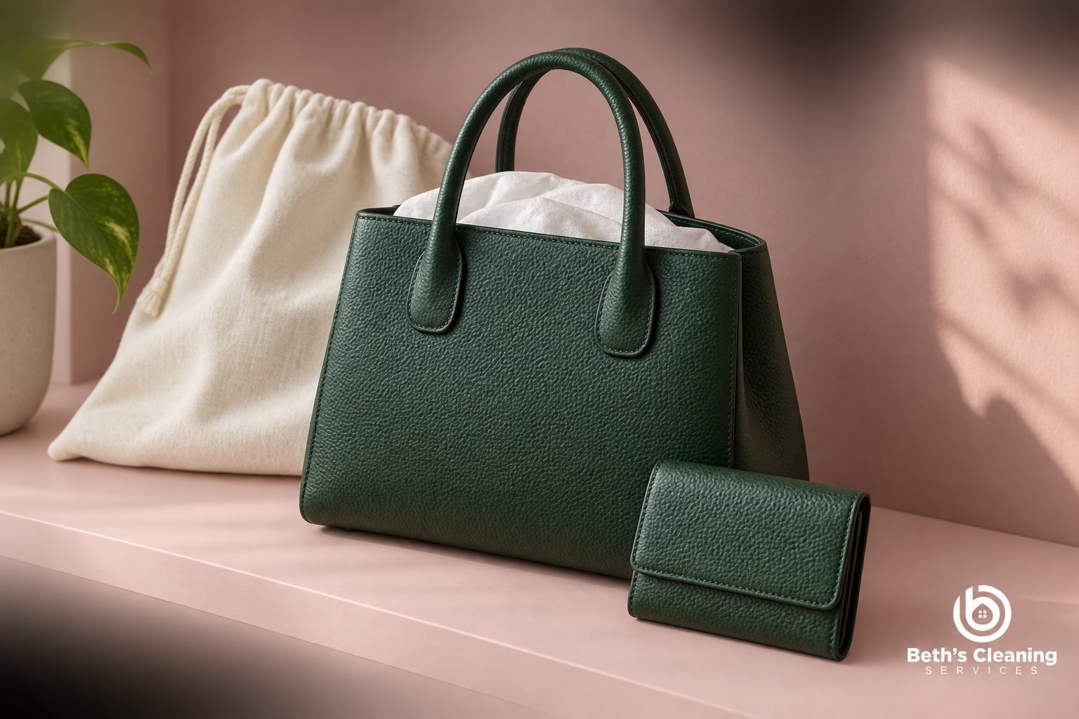 Forest-green leather handbag supported with tissue beside a matching wallet and cotton dust bag