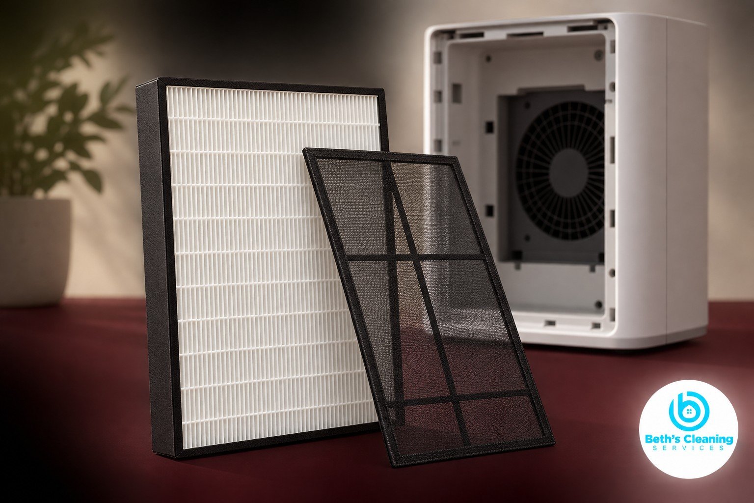 Pleated air purifier filter and separate black mesh pre-filter on a burgundy surface