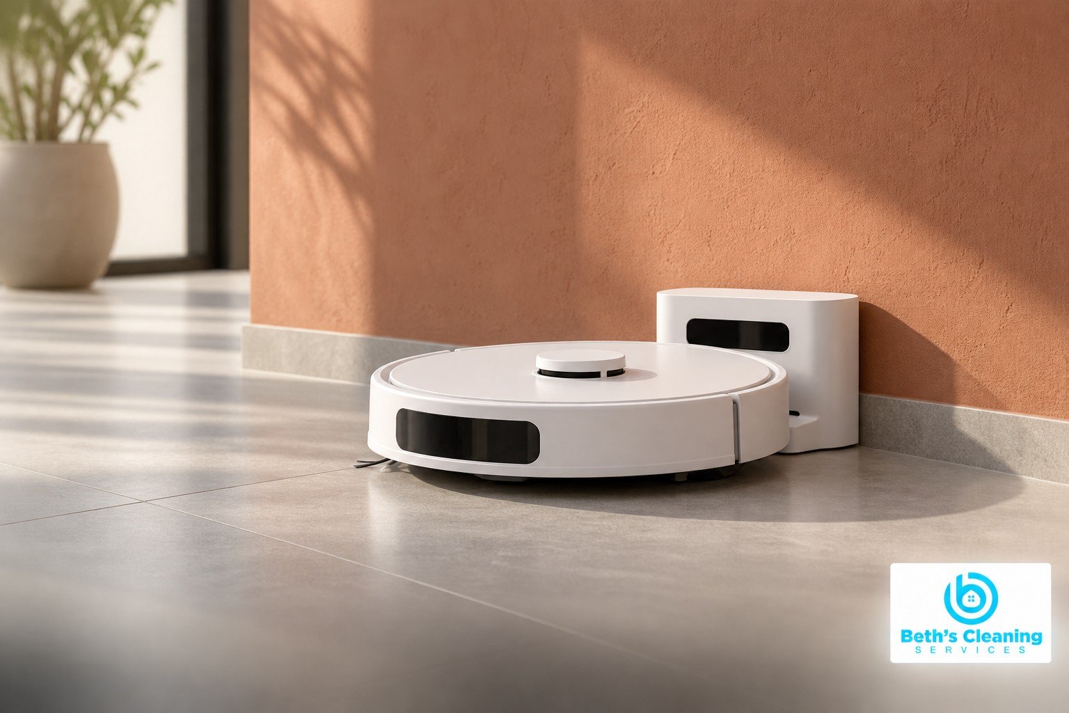 White robot vacuum and compact charging dock on gray tile against a terracotta wall