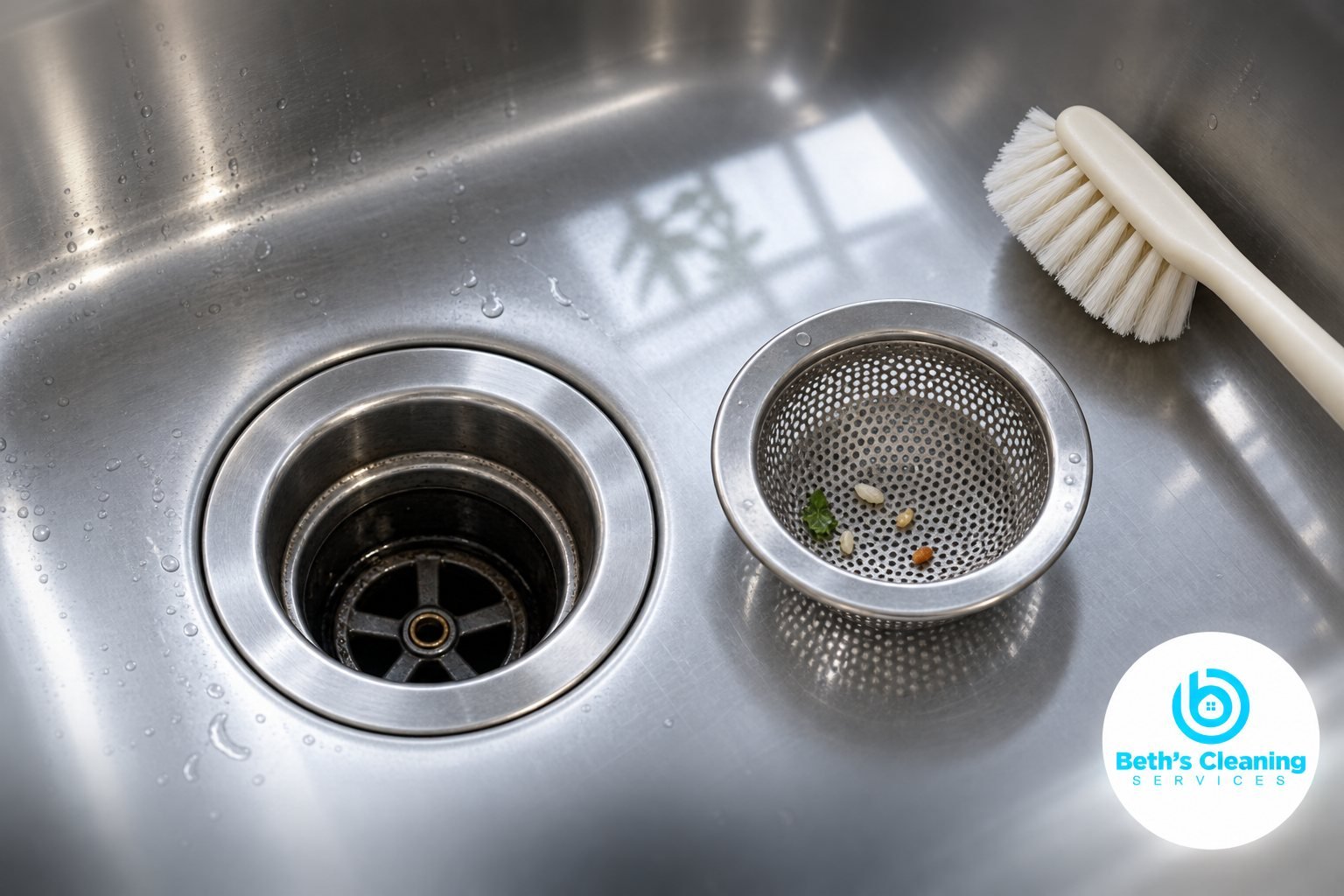 Kitchen sink drain beside a removable strainer holding food particles and a cream cleaning brush