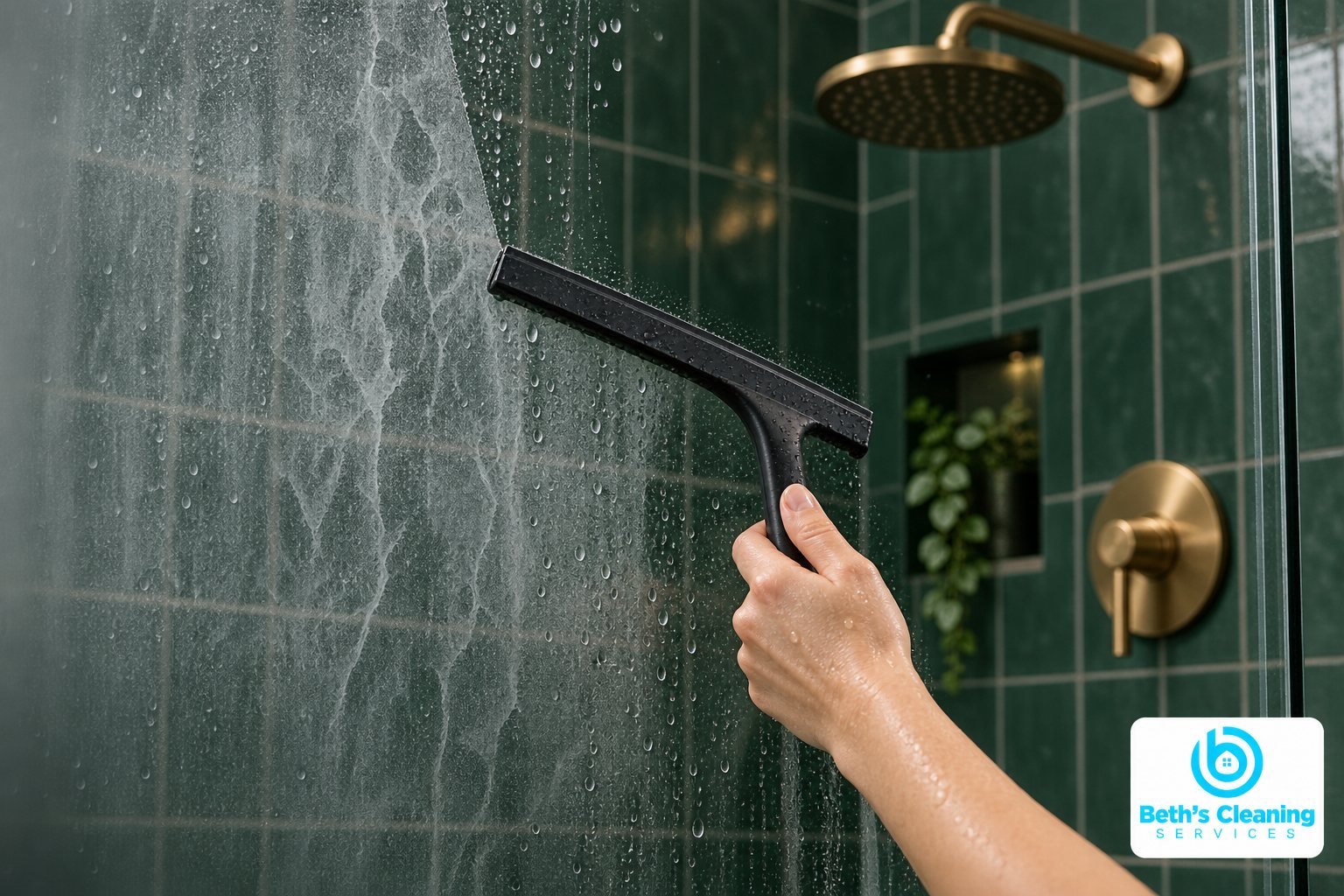 Hand using a black squeegee on wet shower glass in front of emerald tiles and brass fixtures