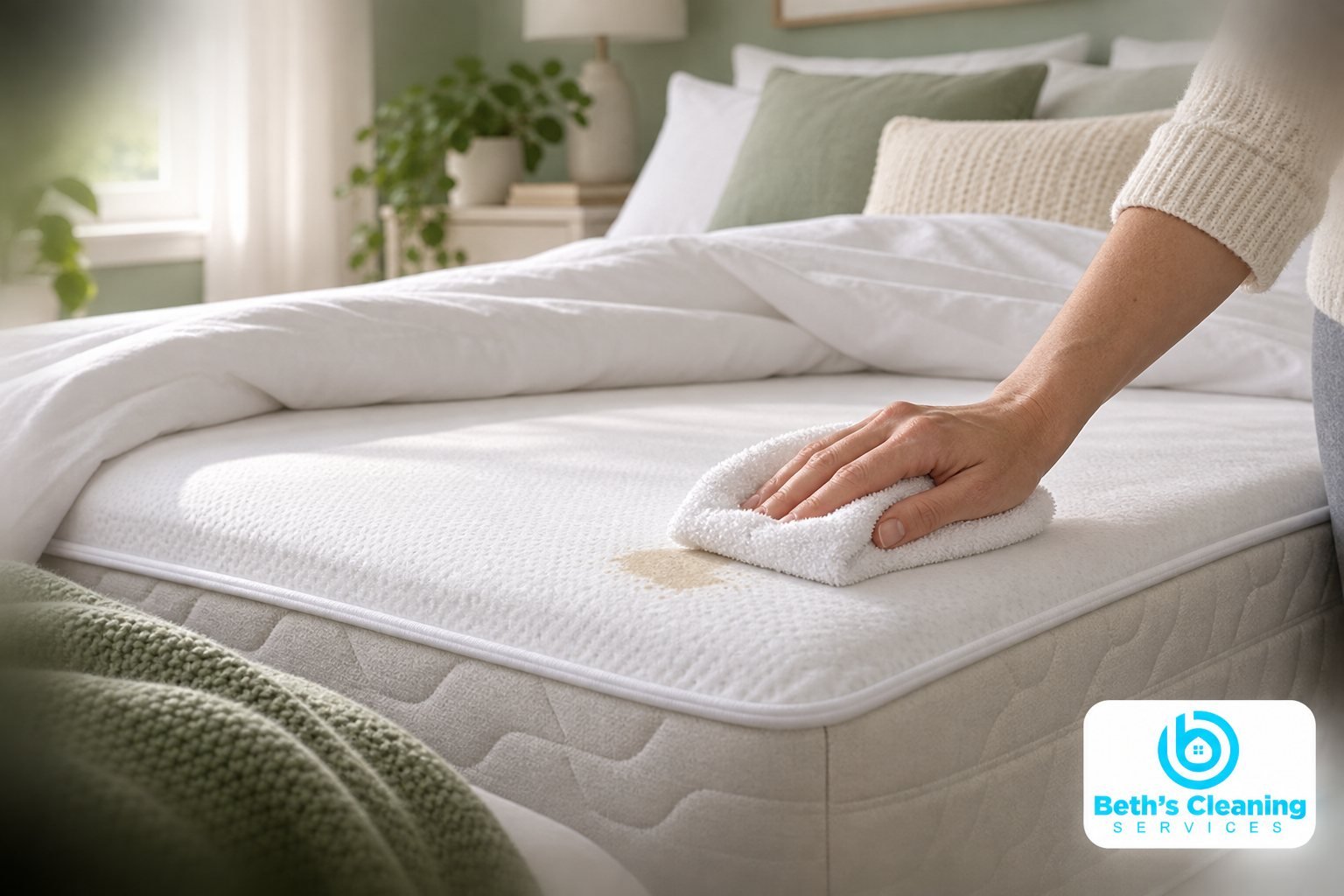 Hand blotting a small stain on a white mattress topper with a white towel in a sage green bedroom