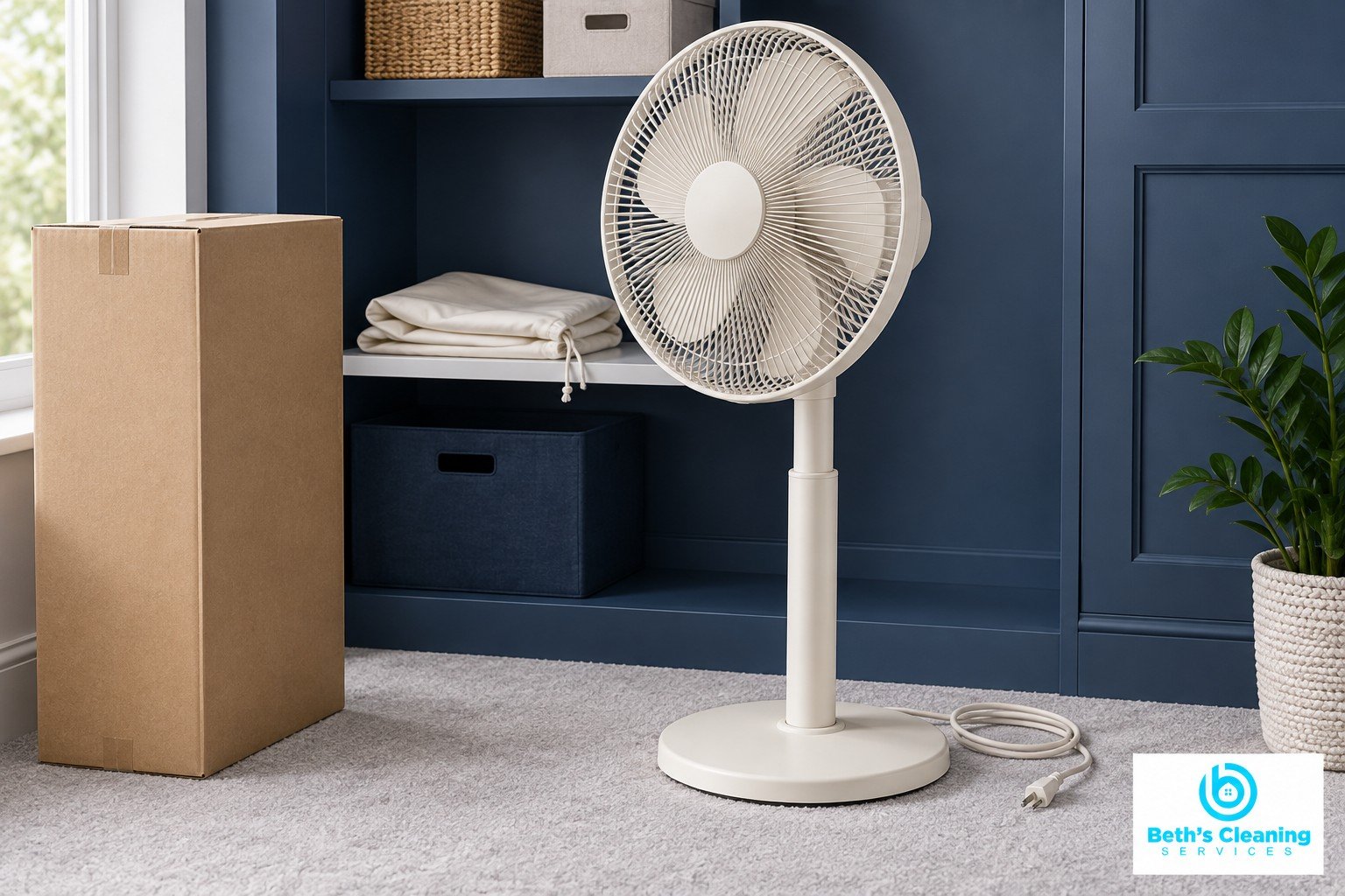 Cream standing fan unplugged beside its storage box in a navy alcove