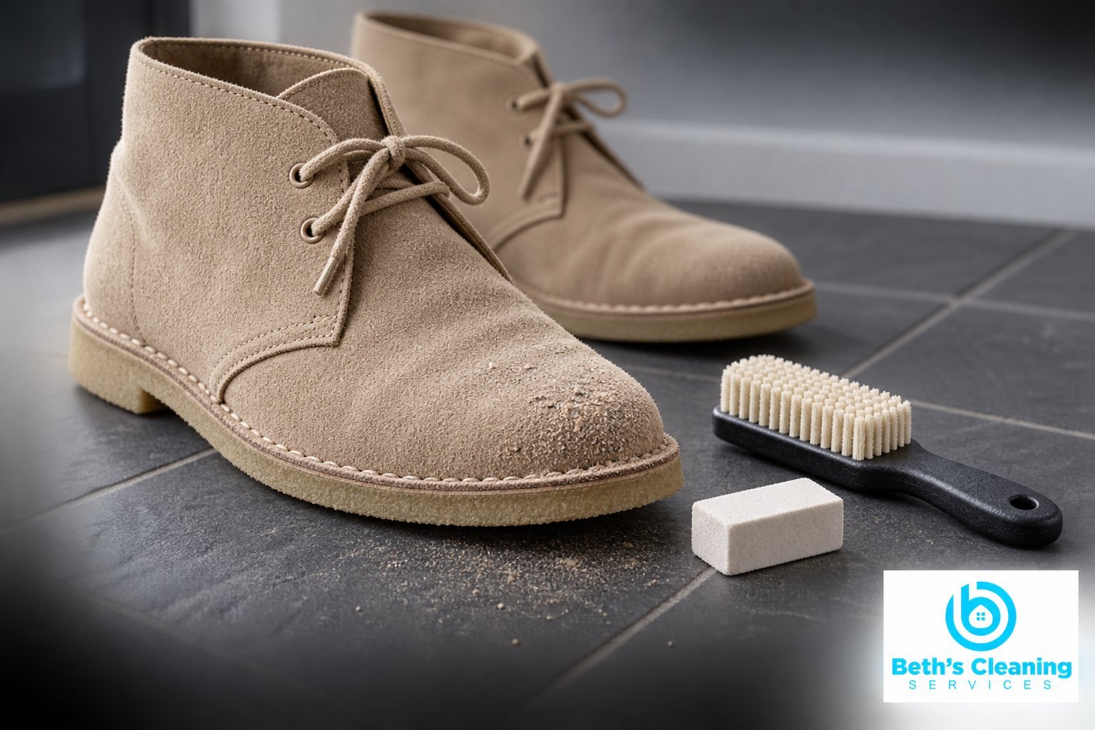 Sand-colored suede boots with dry surface dirt beside a suede brush and eraser on slate tile