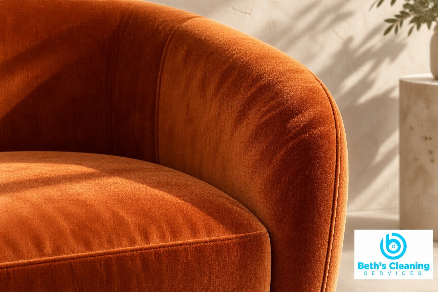 Close view of burnt-orange velvet upholstery showing the directional pile on an armchair