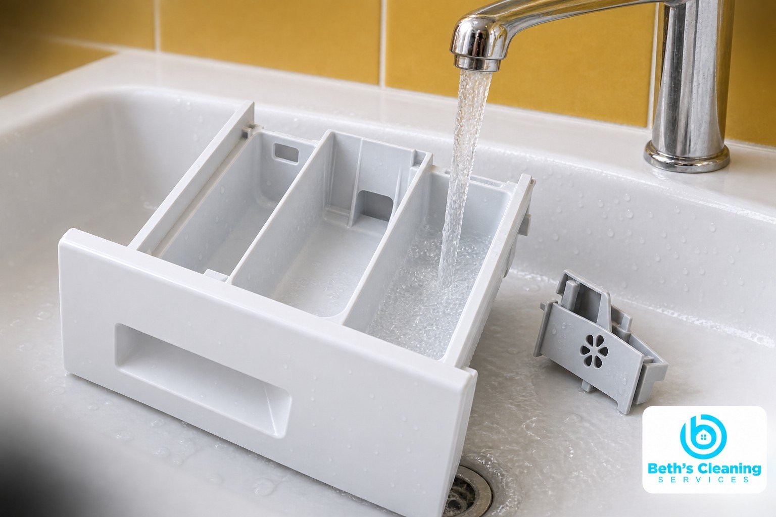 White washing machine detergent drawer rinsing in a sink beside its removable insert