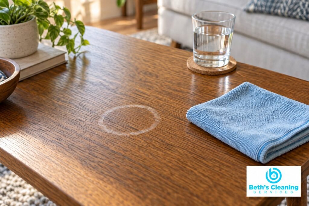 White water ring on a wooden coffee table beside a blue microfiber cloth and a glass on a coaster