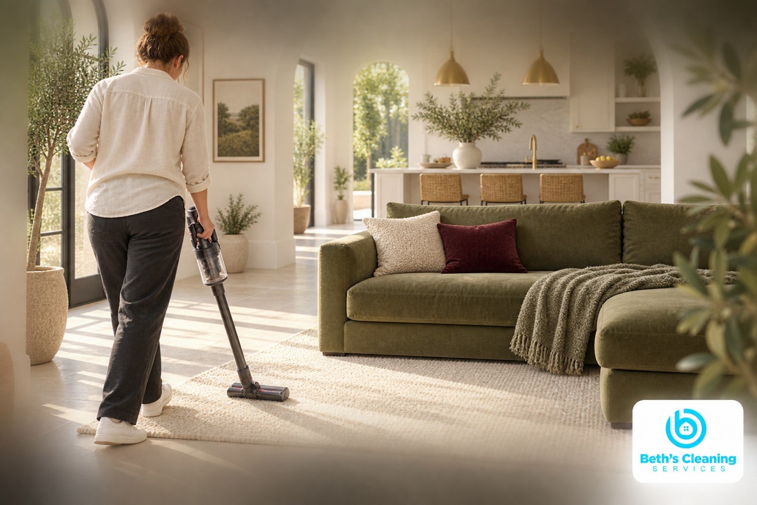 Person vacuuming an ivory rug beside an olive sofa during a weekend home cleaning