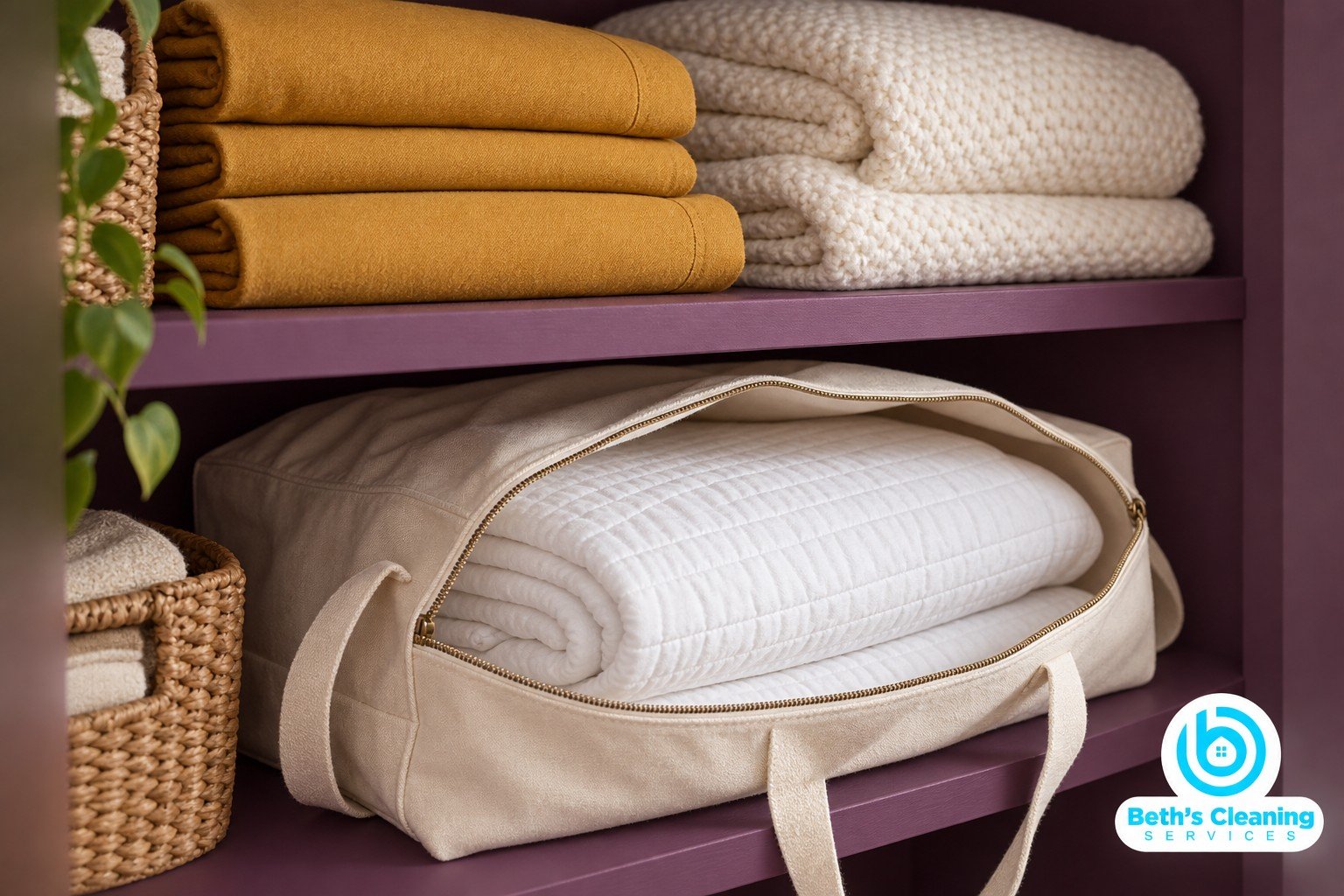Summer quilt in a fabric storage bag beneath folded mustard sheets and a cream blanket on plum shelves