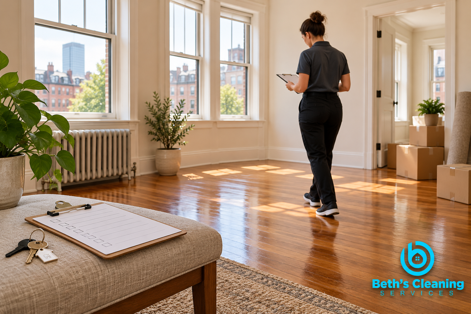 Professional final inspection of a clean Massachusetts apartment before key handoff