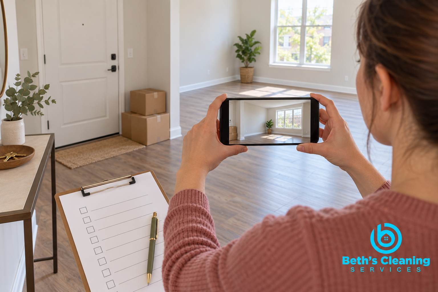 Renter photographing a clean empty apartment and completing a condition checklist