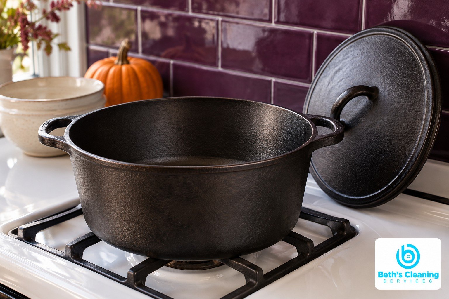 Bare cast iron Dutch oven and lid on a white stove against purple tile