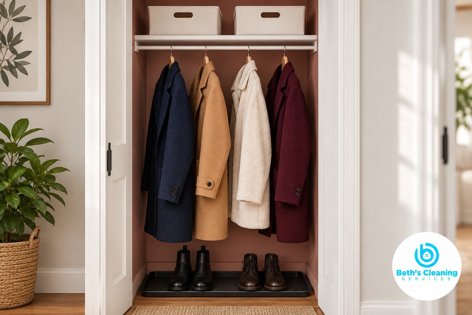 Organized coat closet with spaced jackets, ivory accessory bins, and a black boot tray