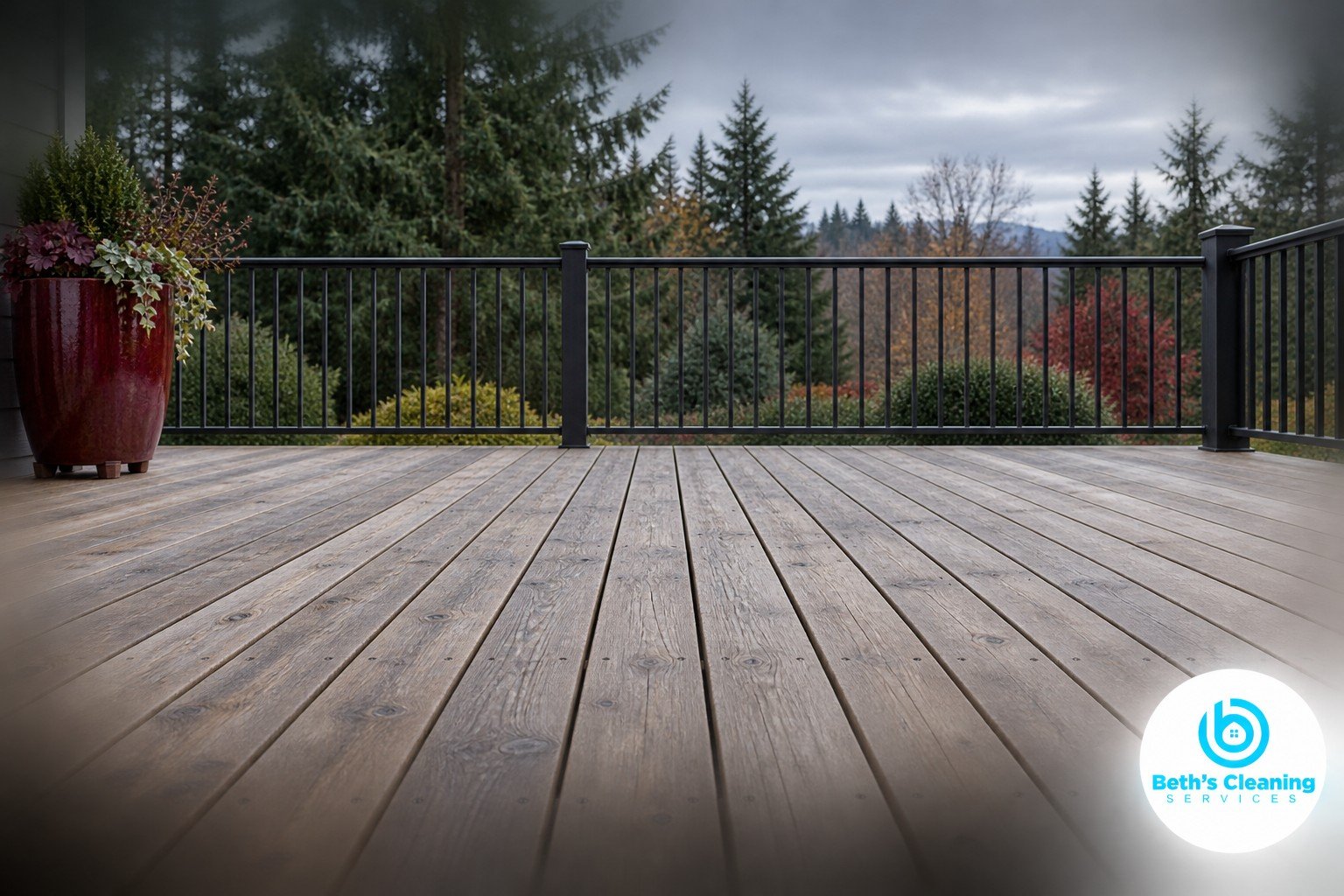 Clear wooden deck with gray boards, black railing, and a burgundy planter before winter