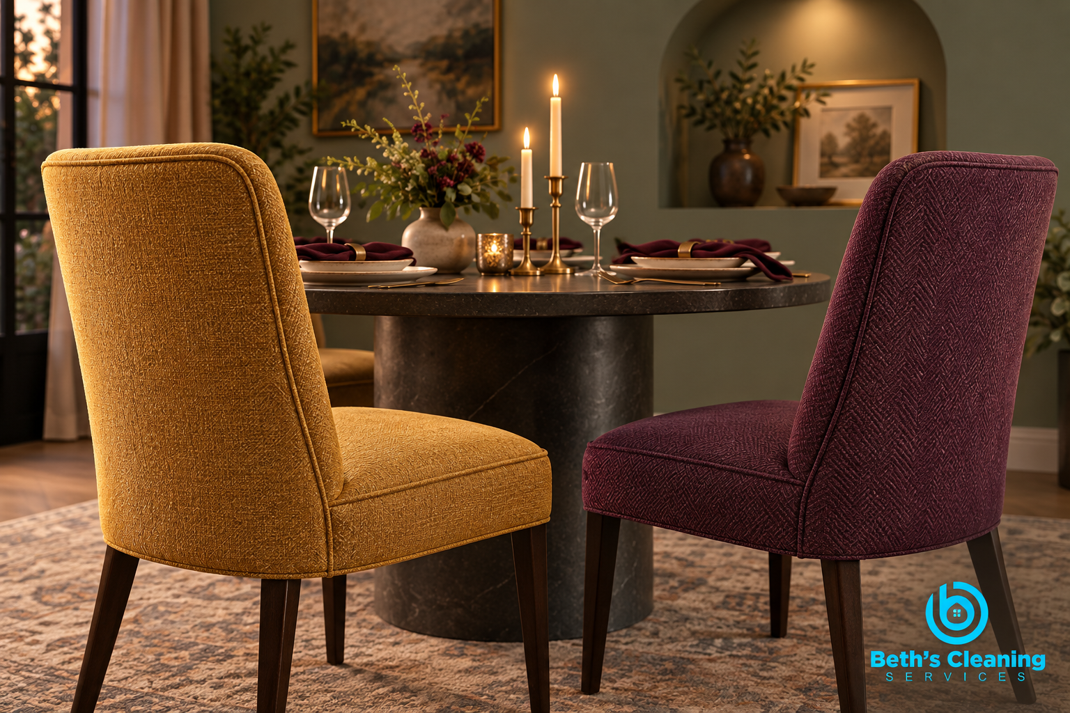 Clean saffron and plum upholstered dining chairs beside a table set for guests