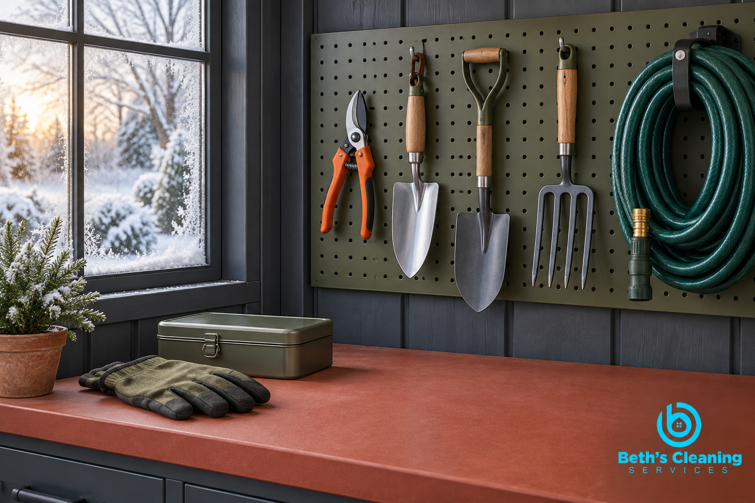 Clean, dry garden tools and a coiled hose stored on an olive pegboard beside a frosted shed window