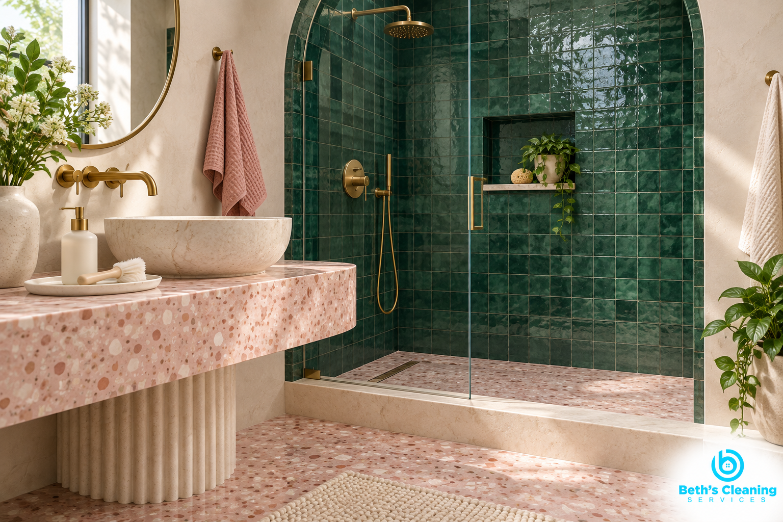Deep clean bathroom tiles and fixtures in emerald tile, terrazzo, stone, glass, and brass
